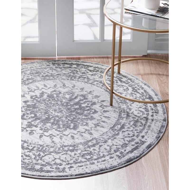 Country & Floral Cadence Collection Area Rug - 4' Round - Gray