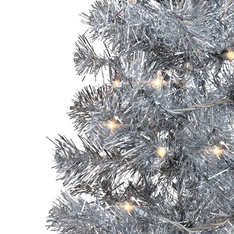 Pre-Lit Artificial Tinsel Christmas Tree - Silver - 7' - Clear Lights - 7 Foot