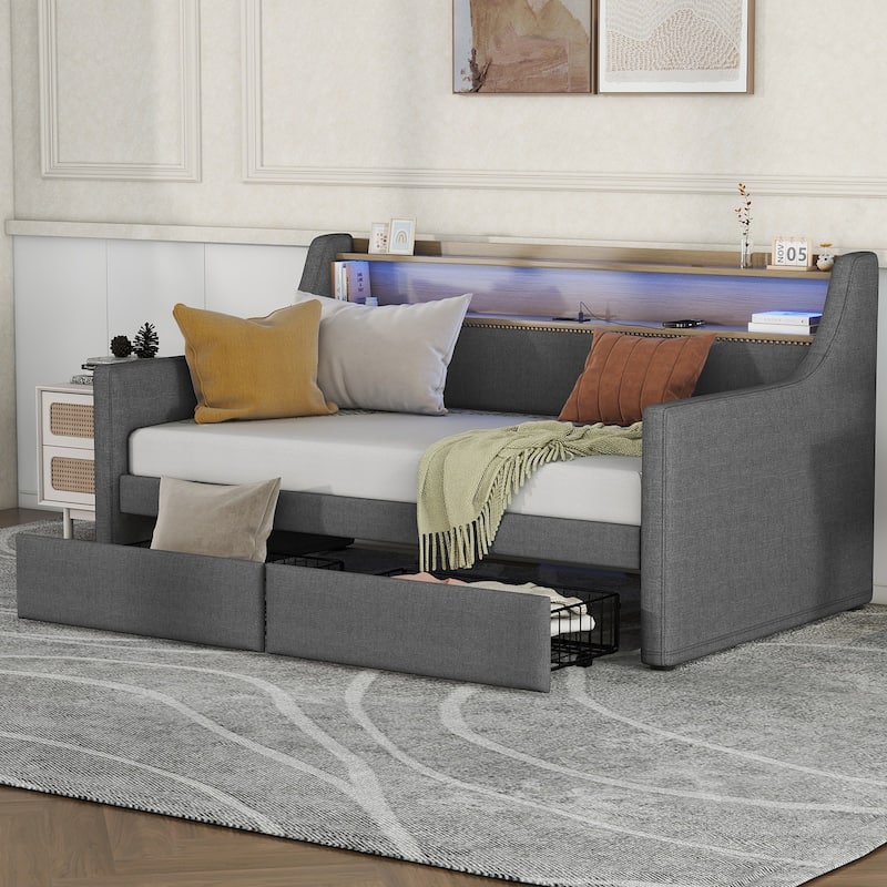 GDFStudio - Bellamy Daybed with Trundle, Upholstered Daybed with Charging Station and LED Lights
