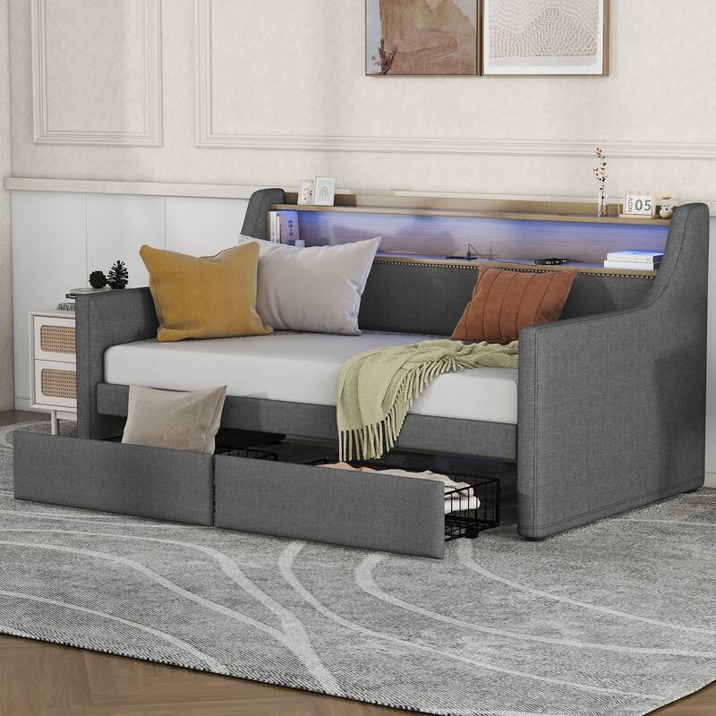 Twin Size Daybed with Storage Drawers, Upholstered Daybed with Charging Station and LED Lights