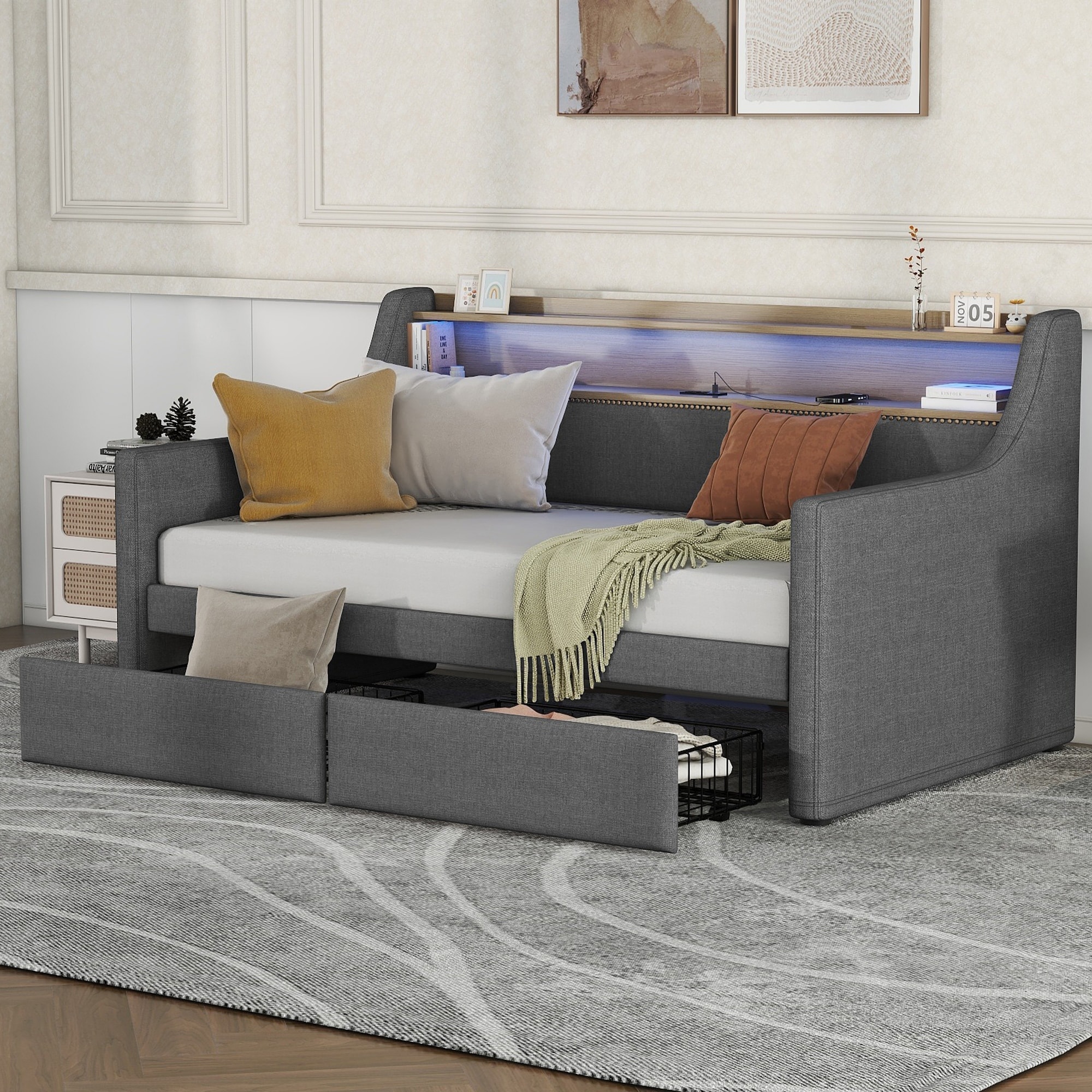 Twin Size Upholstered Daybed with 2 Drawers,Living Room Sofa Bed Frame with Charging Station and LED Light