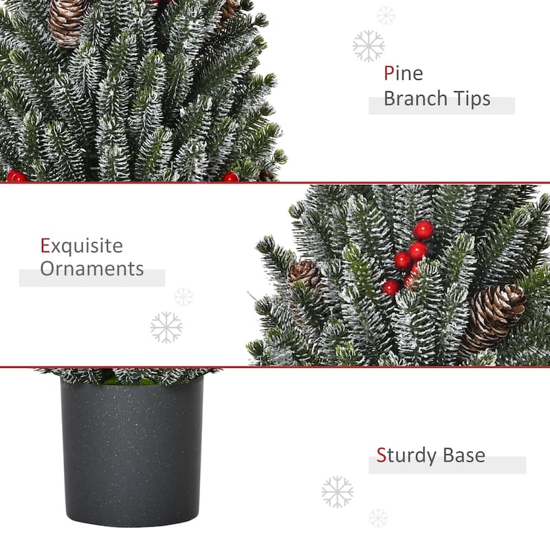 18" Mini Tabletop Xmas Pinecones Tree with Flocked Design and 170 Tips Red Berry for Decorations - 10.75"Dia x 18.5" H