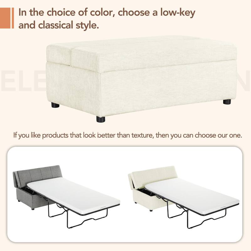 Twin Size Folding Ottoman Sleeper Bed with Mattress, White, Chenille