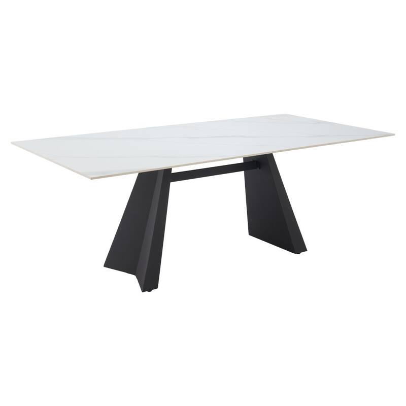 HomeRoots 79" White and Black Sintered Stone and Steel Double Pedestal Base Dining Table - 79.00 in. x 29.50 in. x 40.00 in.