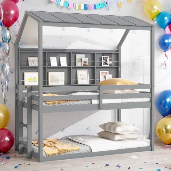 slide 2 of 18, Twin Size Bunk Bed Kids Bed with Guardrails and Shelves, Grey Grey