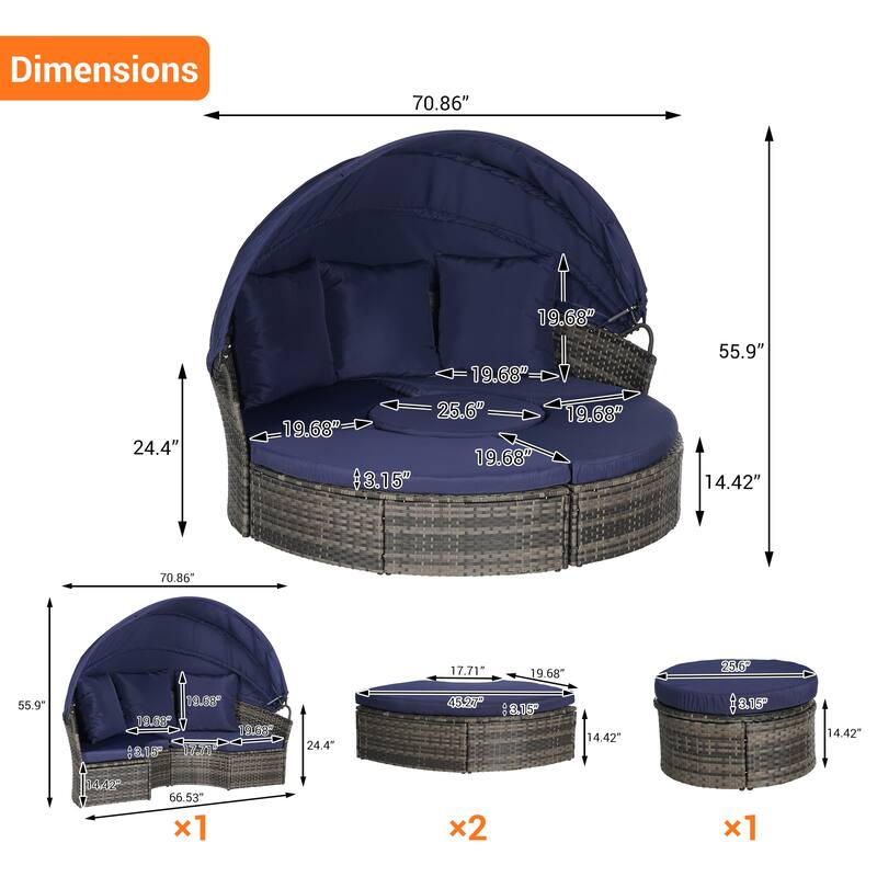 5 Pieces Outdoor Patio Rattan Round Daybed Sunbed with Retractable Canopy and Removable Cushions