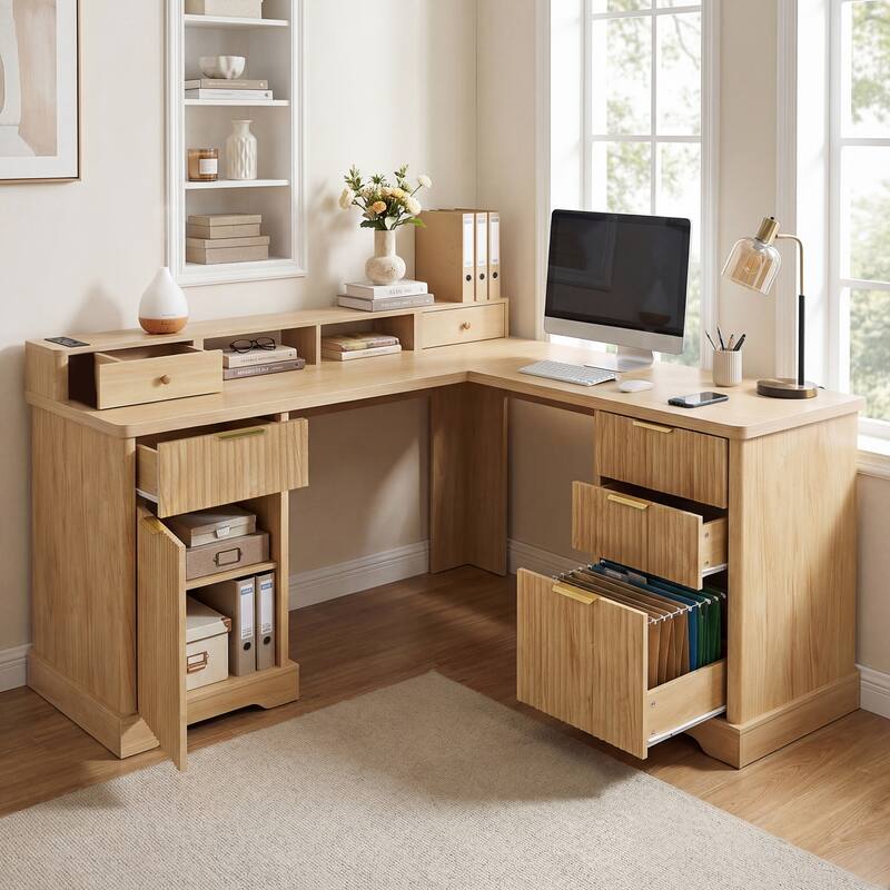 59" Modern Fluted L-Shaped Desk with Charging Station & Storage Cabinet Home Office Computer Desk with Monitor Stand