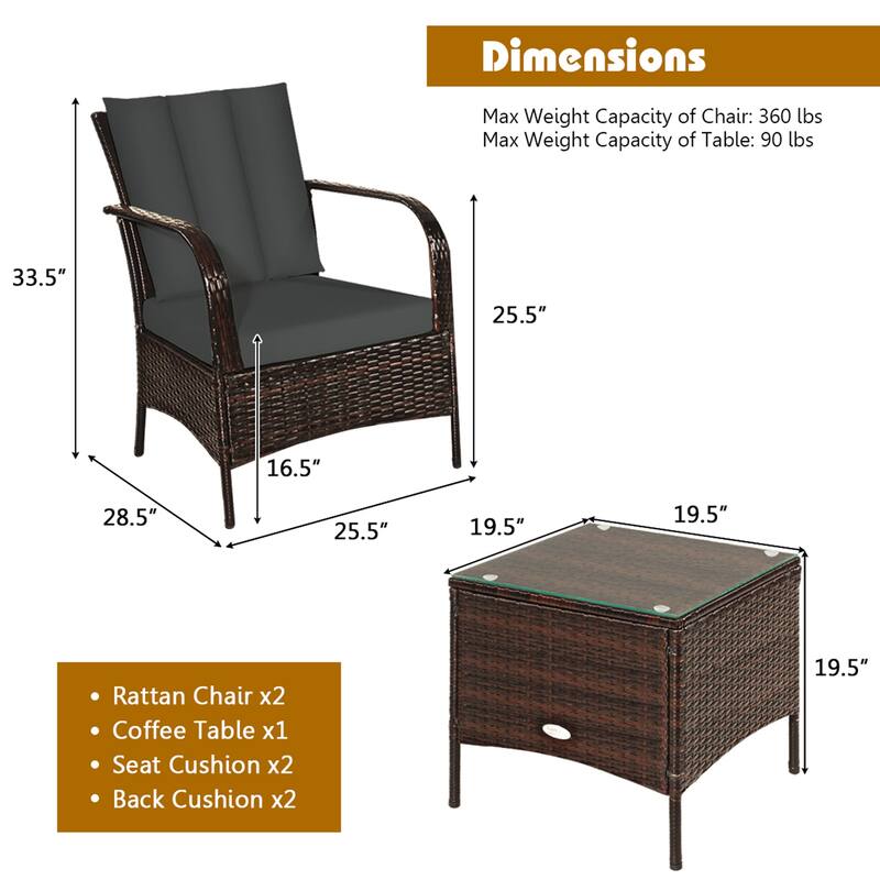 Gymax 3PCS Outdoor Patio Rattan Conversation Set Furniture Set w/