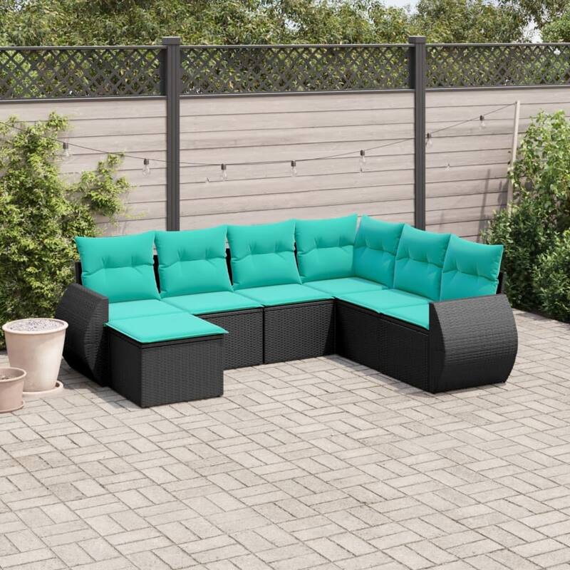 vidaXL 7 Piece Patio Sofa Set with Cushions Black Poly Rattan - 28 x 24.4 x 27.2-Without table