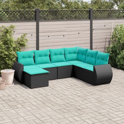 vidaXL 7 Piece Patio Sofa Set with Cushions Black Poly Rattan
