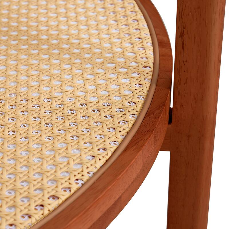 Round Double-Layer Tea Table with Solid Wood Frame, Glass Top & PE Rattan Weaving, Small Side Table for Living Room