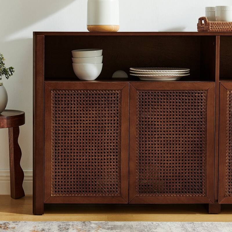 Mid Century Modern 63" Wide 4 - Cane Rattan Door Storage Sideboard with Open Shelf, Wine Bar Credenza for Living Room Entryway