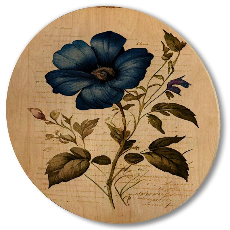 Designart "Blossoming Blue Retro Flower I" Floral Wood Wall Art - Natural Pine Wood