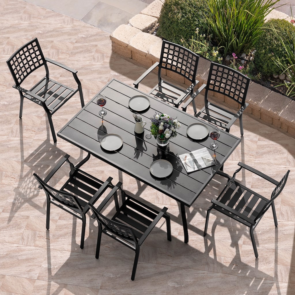 Outdoor 7-Piece Dining Set with 1.57 Inch Umbrella Hole, Iron Frame, Black