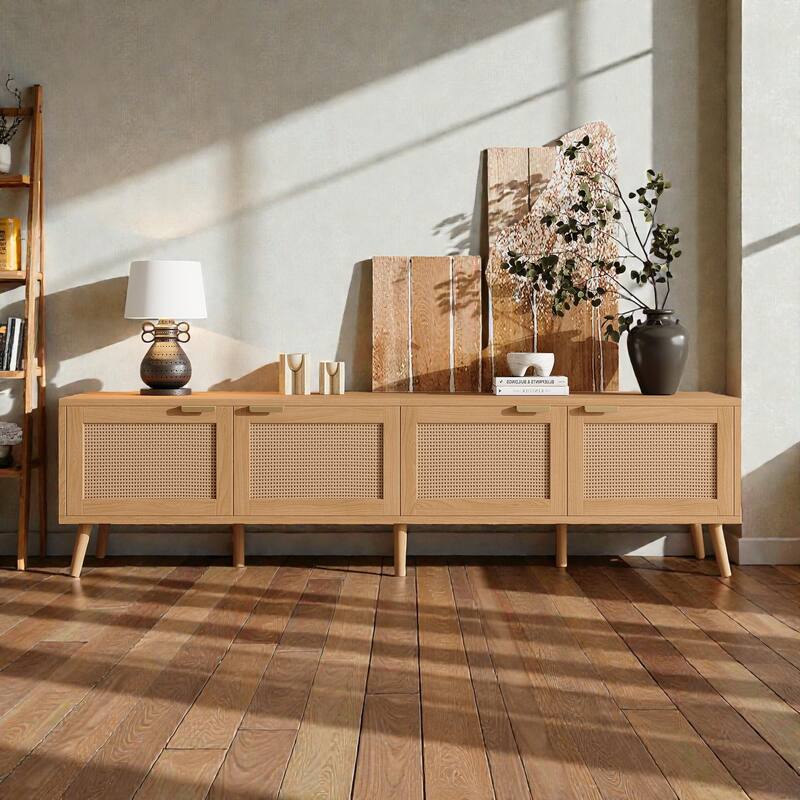 70" Rattan TV Stand for TVs up to 80", Modern Media Console with Storage Cabinets & Cable Holes, Solid Wood Legs - Natural Wood