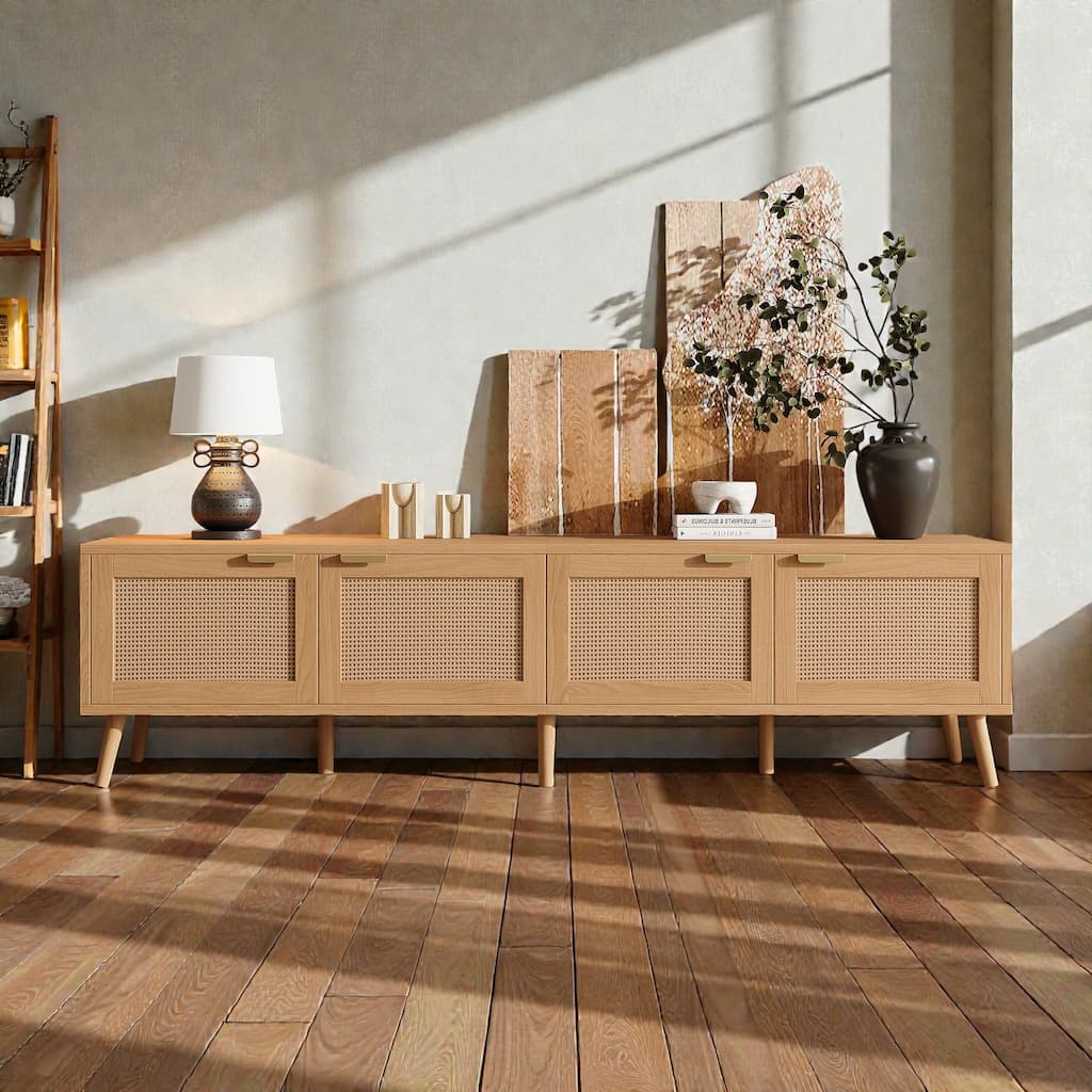 70" Rattan TV Stand for TVs up to 80", Modern Media Console with Storage Cabinets & Cable Holes, Solid Wood Legs