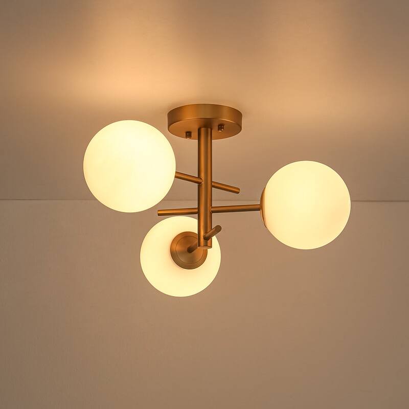 Mid-Century 3-Light Round Milky Glass Sputnik Semi Flush Ceiling Light