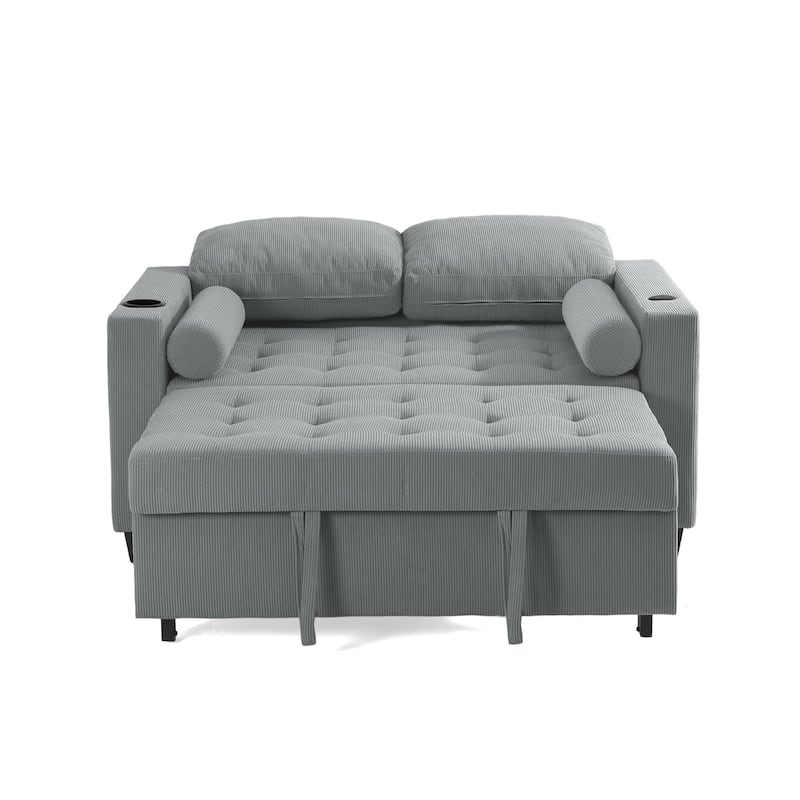 2 Set Corduroy Convertible Sleeper Sofa Bed Loveseats with Cup Holder, USB Ports & Storage