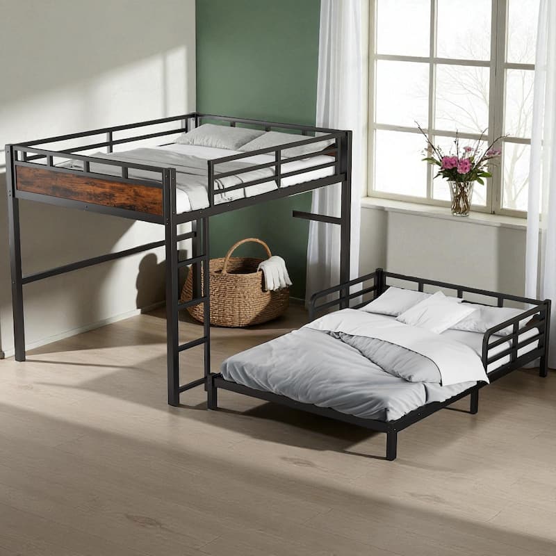 Queen over Queen Metal Bunk Bed Frame with Guardrails, Convertible Loft and Platform Beds, Noise-Free Design