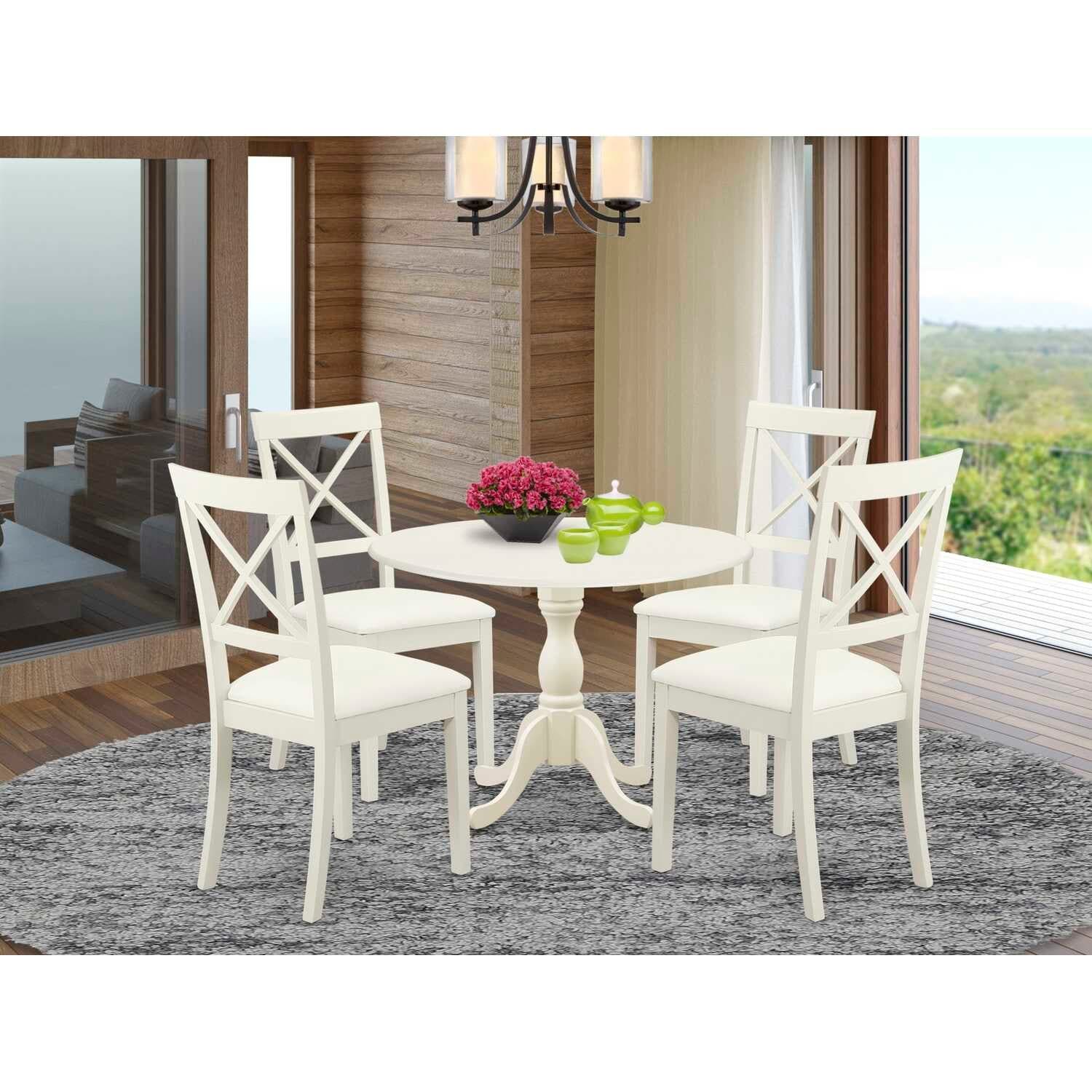 HomeStock 5-Piece Linen White Finish Solid Wood Top Dining table with 4-Chairs with Drop Leaf Lattice Back