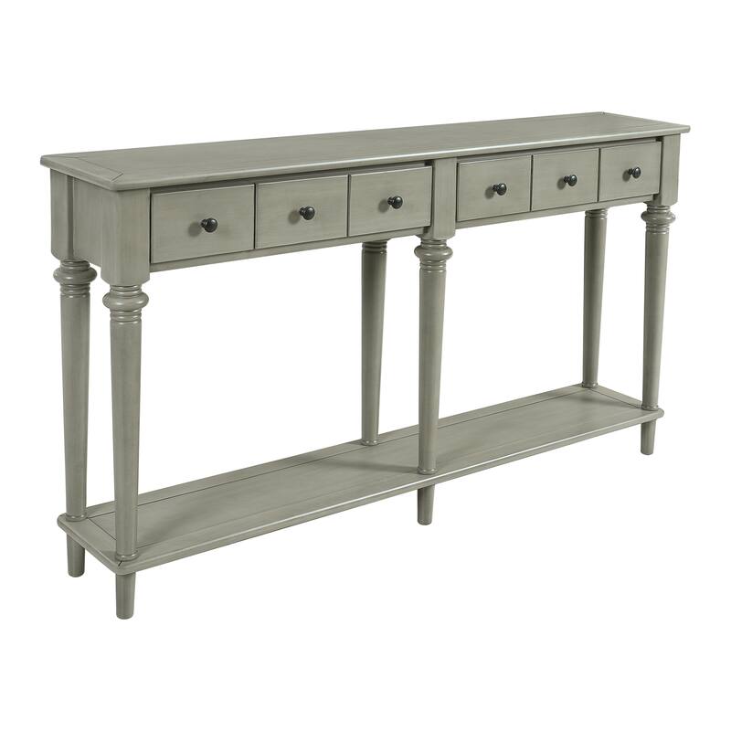 Versatile Hallway Table Side Table with 4 Storage Drawers, Gray Wash Accent Table Sofa Table with Bottom Open Shelf