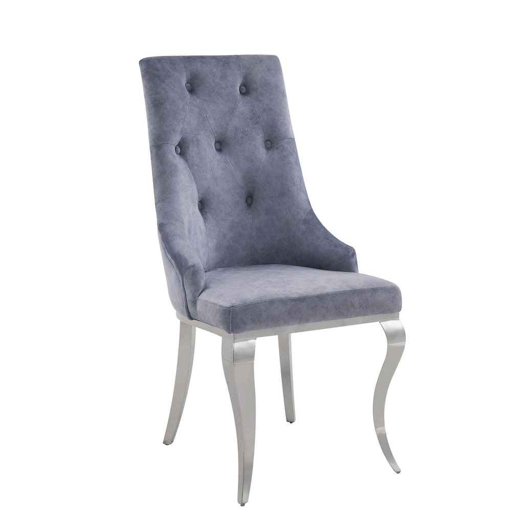 Side Chair with Button Tufting and Metal Legs, Set of 2, Gray and Silver