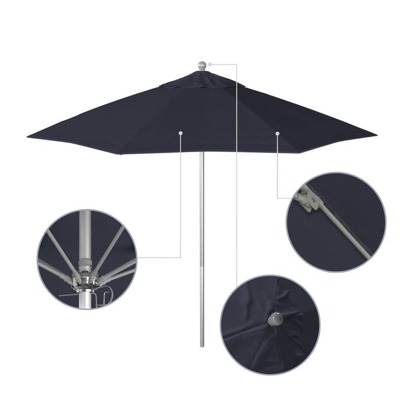 California Umbrella 9' Rd. Aluminum Frame, Fiberglass Rib Patio Umbrella, Push Open,Anodized Silver Finish, Sunbrella Fabric