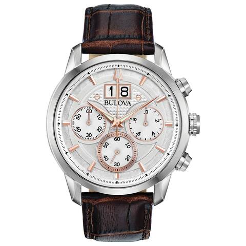 Bulova Men's Classic Stainless Chrono Brown Croco Embossed Leather Strap Watch - N/A