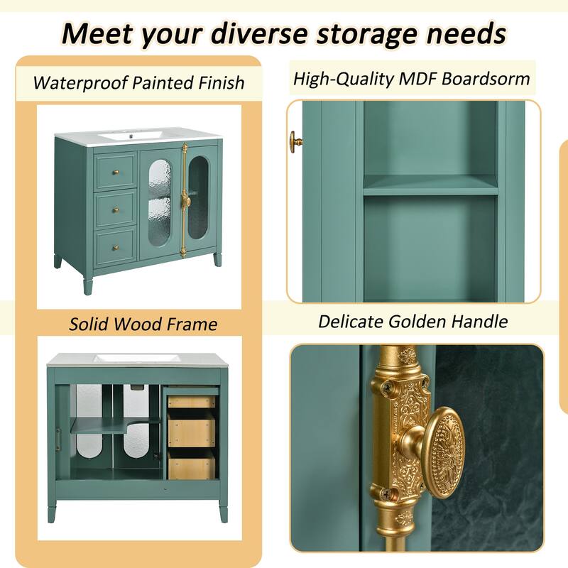 36" Modern Bathroom Vanity – Features 2 Soft-Close Doors & 3 Smooth-Glide Drawers, Solid Wood Frame for Durable Storage‌.
