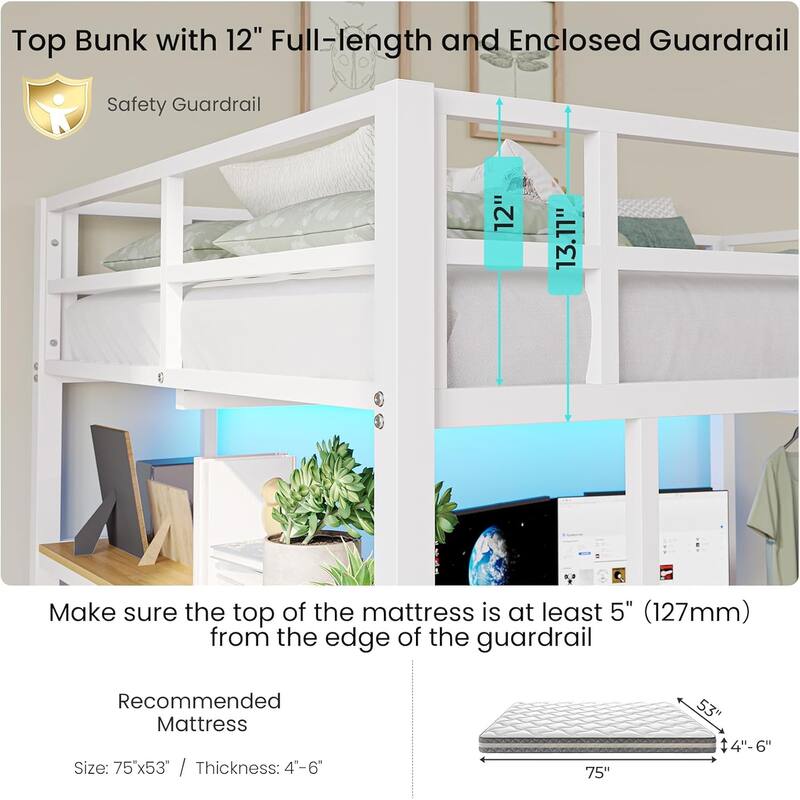 Loft Bed with L-Shaped Desk Charging Station Metal LED Lights 3 Fabric Drawers