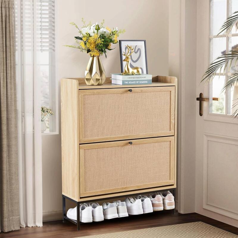 Set of 2 Wooden Narrow Shoe Racks with Flip Drawers