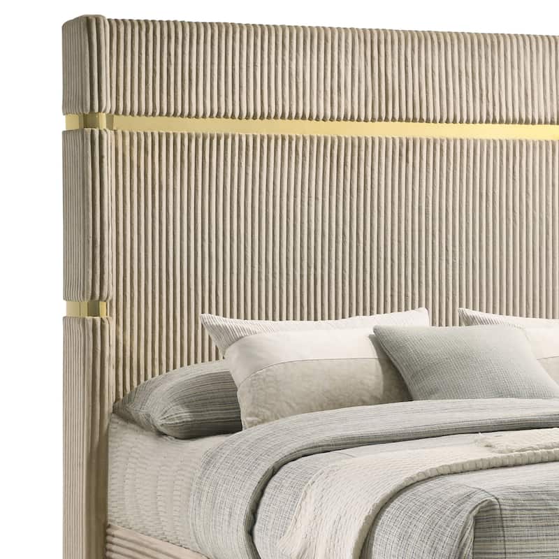 Jenny King Size Bed, Fluted Wingback Headboard, Beige Upholstery Gold Trim