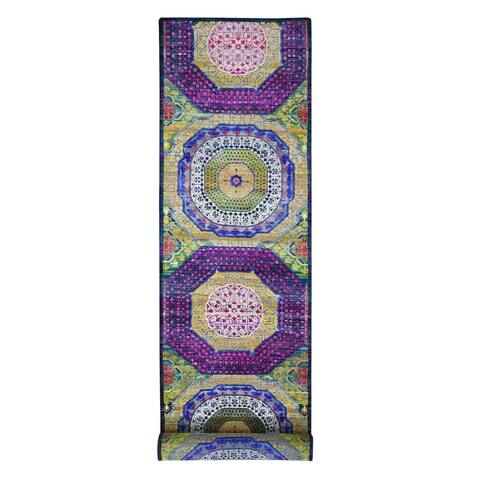 Shahbanu Rugs Sari Silk with Textured Wool Mamluk Design XL Runner Oriental Rug (3'2" x 17'5") - 3'2" x 17'5"