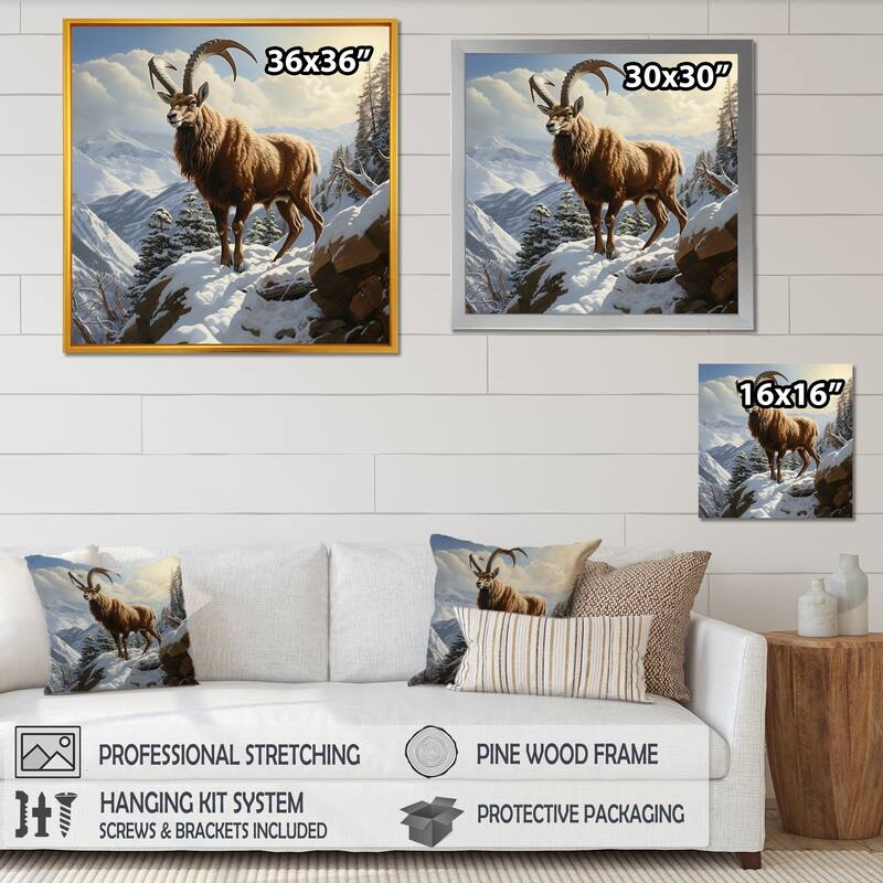 Designart "Minimalist Goat Winter Mountain Adventure" Goat Wall Decor Brown Modern Entryway Framed Wall Art Print