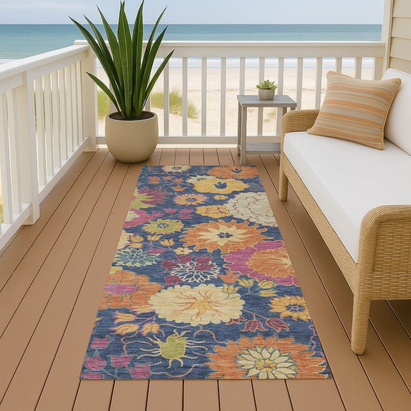 Machine Washable Indoor/ Outdoor Modern Floral Chantille Rug - Navy - 2'3" x 7'6"