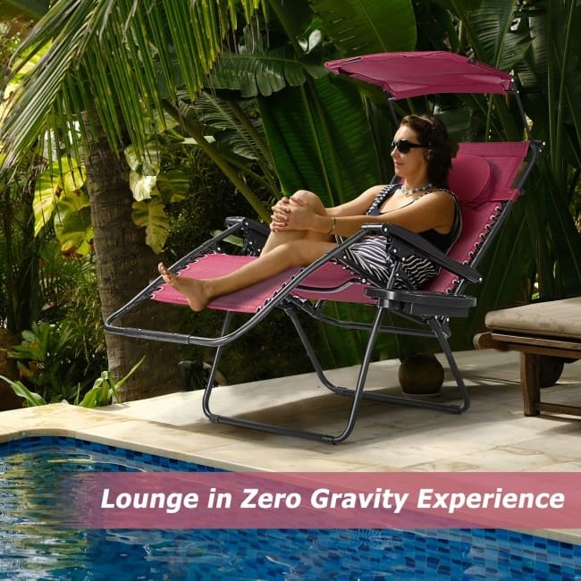 Portable Reclining Lounge Chair with Sunshade, Cup Holder, and Folding Design - Dark Red