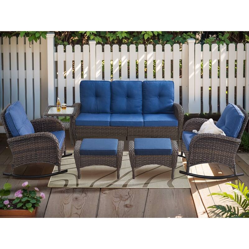 6 Piece Outdoor Sofa Rocking Chair with Ottomans - Brown - Blue - Brown