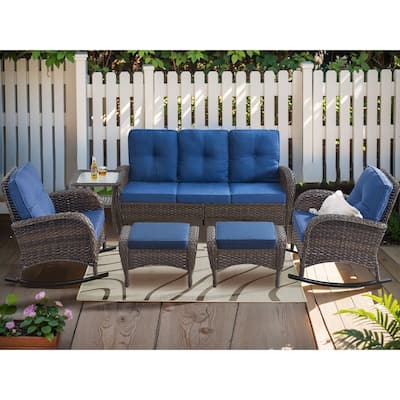 6 Piece Outdoor Sofa Rocking Chair with Ottomans - Brown