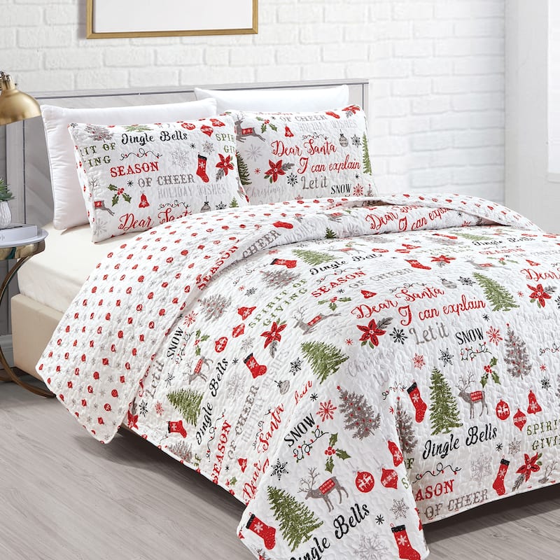 Premium Holiday Printed Microfiber Quilt Set With Shams
