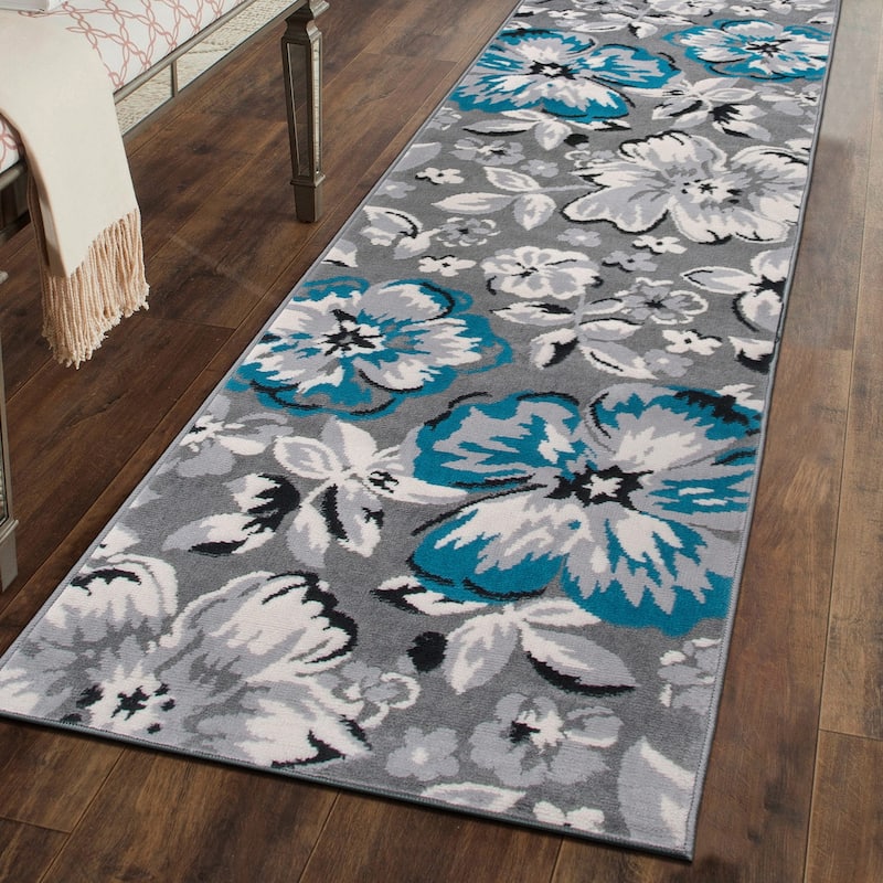 World Rug Gallery Modern Floral Design Area Rug - 2' x 7'2" Runner - Blue - Runner/Rectangle