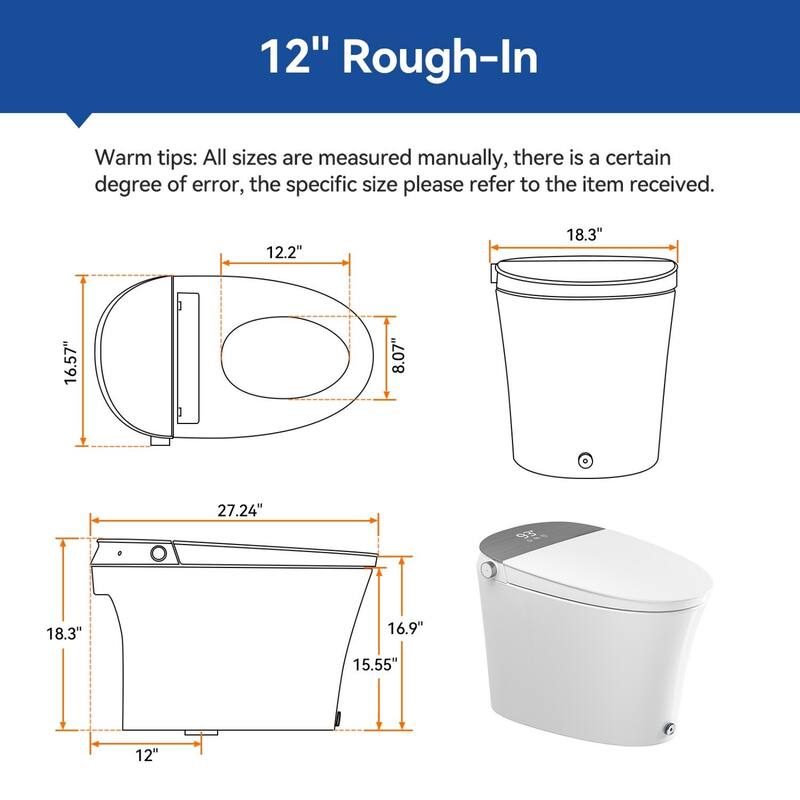 Smart Bidet Toilet with Built-In Tank & Pump, 17" Chair Height, Heated Seat, Wash/Dry, Remote