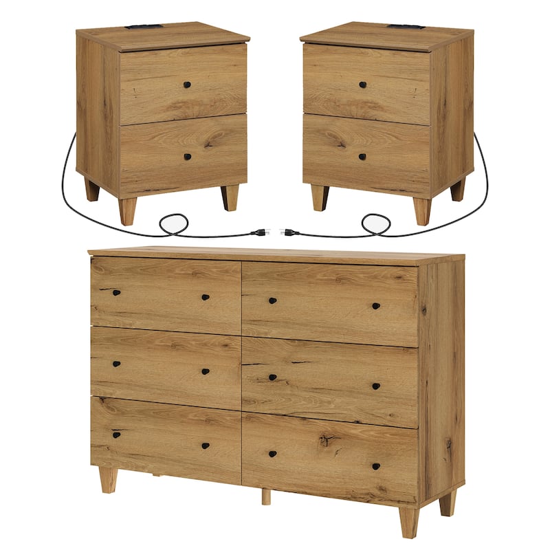 WAMPAT 6-Drawer Dresser and Nightstands Set of 3 for Bedroom - Oak Brown - 3 Piece