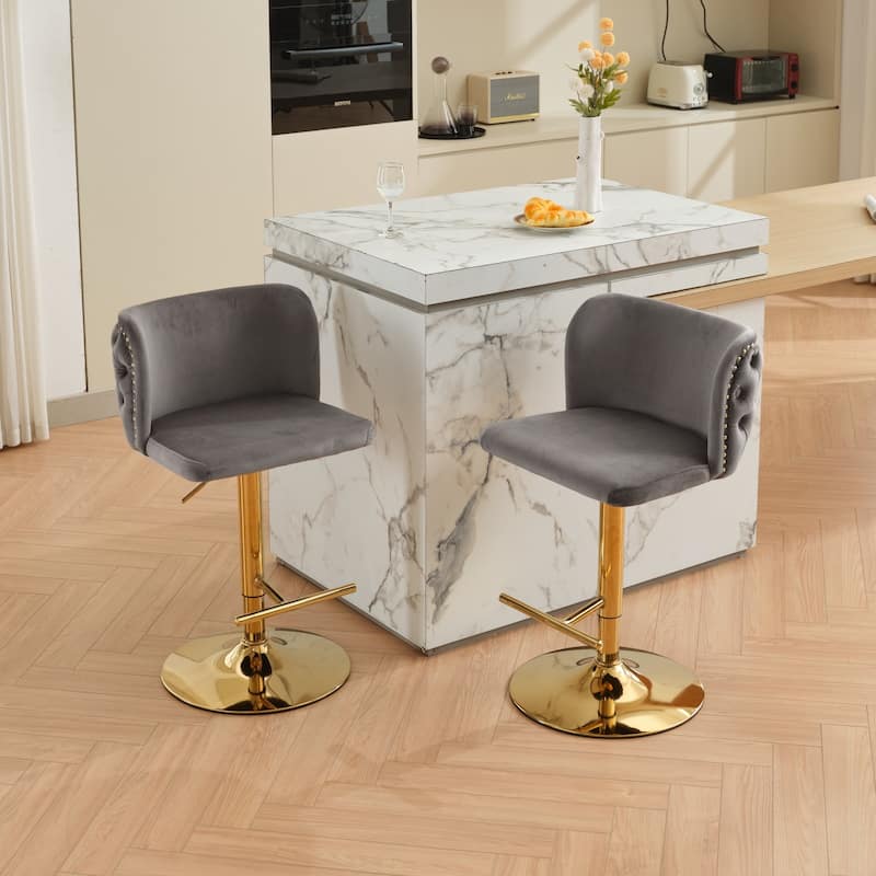 Swivel Barstools Adjusatble Seat Height With Gold-plating Base, Upholstered Bar Stools with the whole Back Tufted, Set of 2