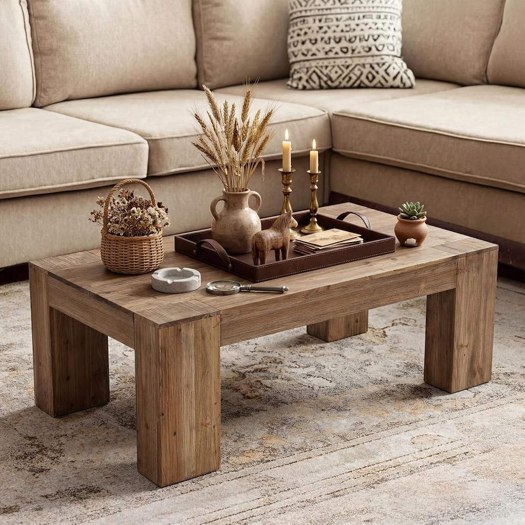 55.12 Inches Solid Wood Coffee Table with Heavy-Duty Legs