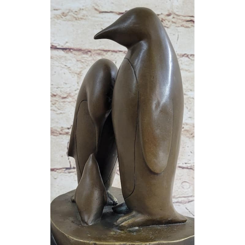 Penguin Family On Heart Shaped Marble Base Bronze Statue Figure Sculpture 8 Inches X 6 Inches