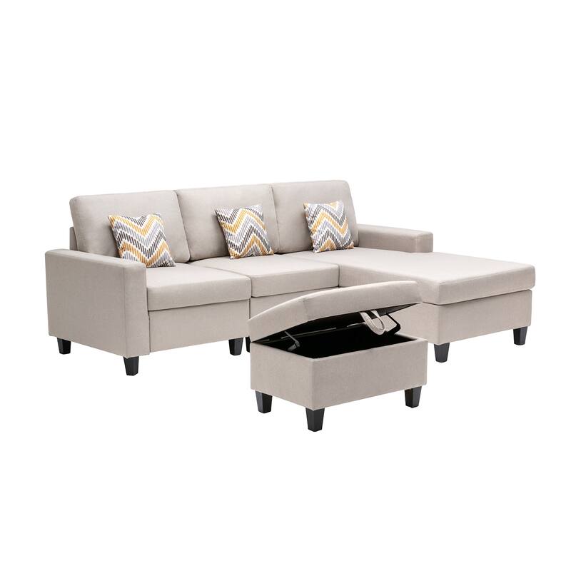 Linen Fabric 4 Piece Reversible Sofa Chaise with Interchangeable Legs, Storage Ottoman, and 3 Pillows in Beige