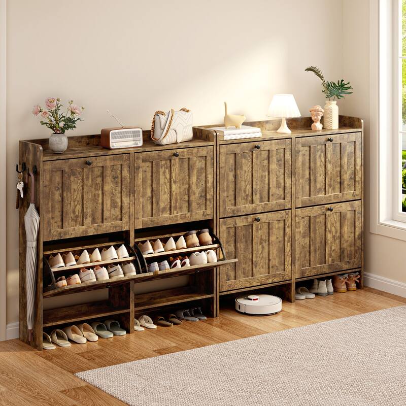 Shoe Cabinet with Flip Drawers, Slim Shoe Storage Cabinet for Entryway, Freestanding Narrow Rack with Open Storage