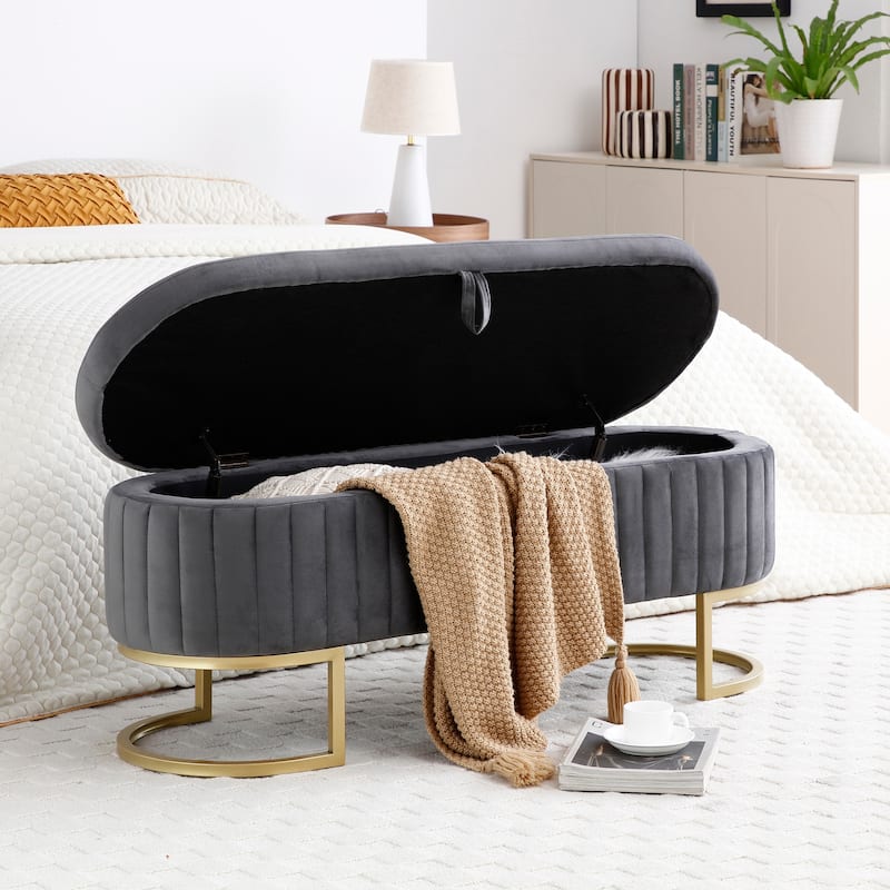 Oval Sherpa Fabric End of Bed Bench, 50 Inch Storage Ottoman