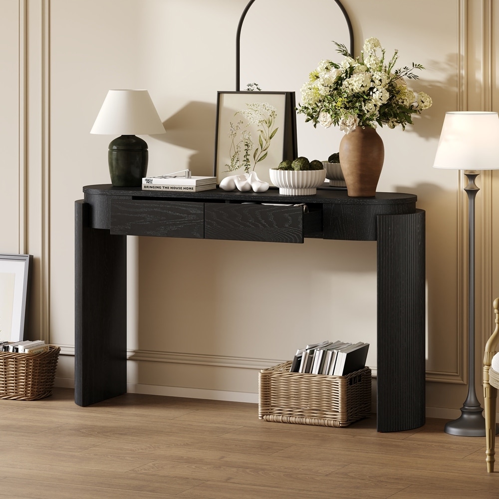 Console Table with Fluted Design, Oval Top and 2 Drawers
