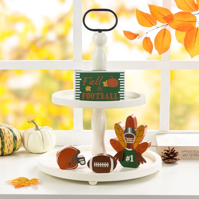 Glitzhome Thanksgiving Wooden Turkey Table Decor Set with Tiered Tray